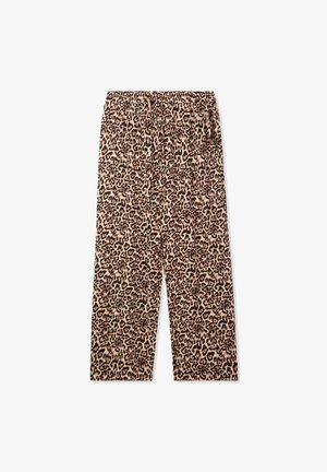 Pantaloni con stampa leopardata, dotati di vita elastica, realizzati in tessuto morbido. Il design presenta uno sfondo beige chiaro con macchie scure.