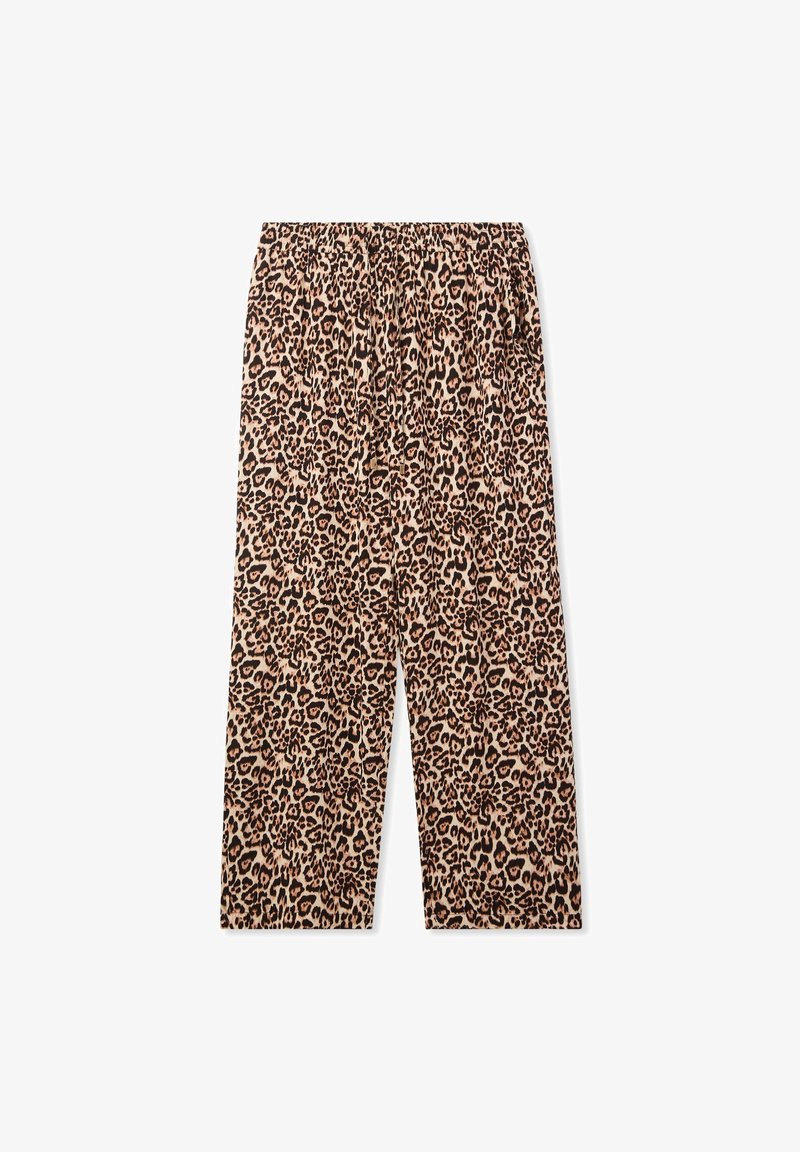 Pantaloni con stampa leopardata, dotati di vita elastica, realizzati in tessuto morbido. Il design presenta uno sfondo beige chiaro con macchie scure.