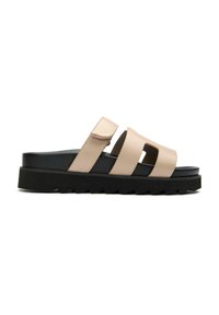 Beige platform sandals with a black rubber sole, featuring three wide straps and a Velcro closure for adjustable fit. Smooth finish, sturdy design.