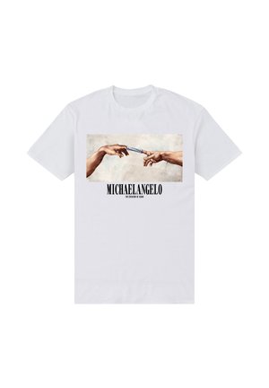 Maglietta bianca di cotone con stampa di due mani che si raggiungono, con le scritte nere "MICHELANGELO" e "LA CREAZIONE DI ADAMO".