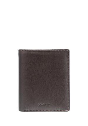 Portefeuille en cuir marron avec une texture lisse, de forme rectangulaire et des coutures visibles. Présente un logo de marque subtil en relief à l'avant.