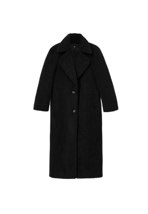 Musta villatakki, jossa on pehmeä rakenne, pitkät hihat, viistot läpät ja kolme etupainiketta, jotka tarjoavat suoran siluetin ja puolipitkän muotoilun.