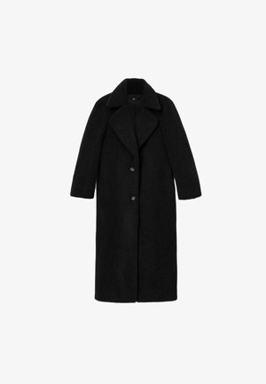 Manteau en laine noire au toucher pelucheux, à manches longues, avec revers crantés et trois boutons sur le devant, offrant une silhouette droite et un design mi-long.