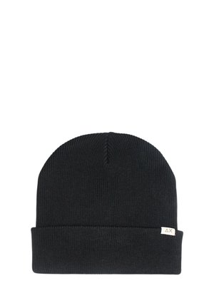 Berretto di maglia nero con risvolto, caratterizzato da un piccolo etichetta di marca sul lato. Il materiale sembra morbido e texture.