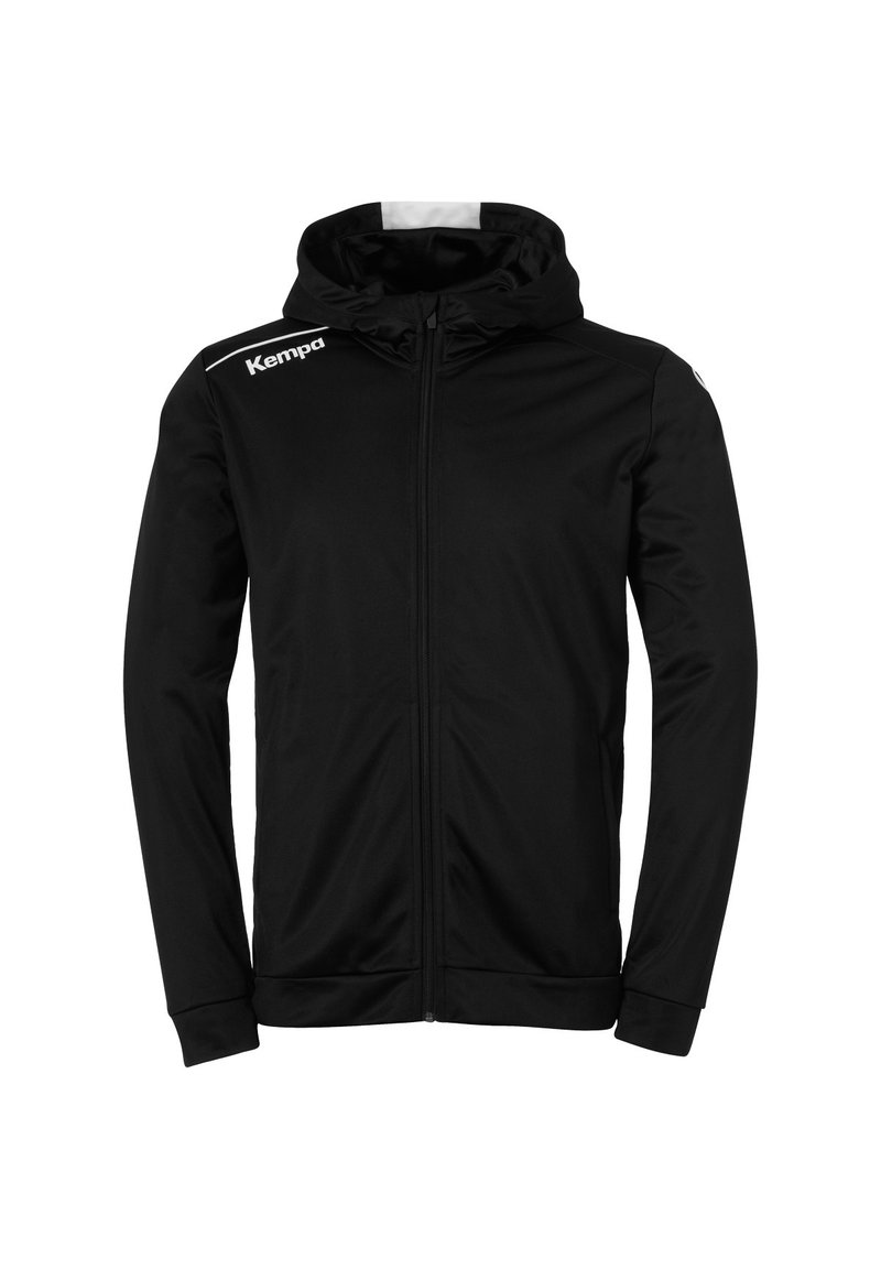 Schwarze Sportjacke aus glattem Stoff, mit Kapuze, durchgehendem Reißverschluss und Logodetail auf der Brust, langen Ärmeln und figurbetontem Design.