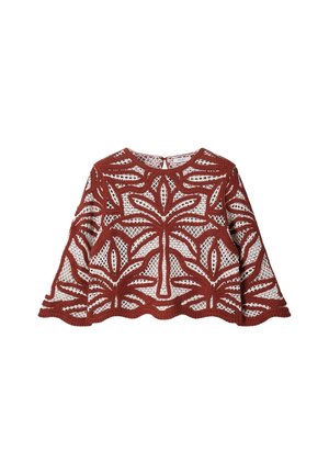Haut à manches longues style crochet avec base en maille blanche et motifs de palmiers couleur rouille, ourlet festonné et encolure ronde avec fermeture par bouton au dos.