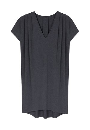 Dunkelgraues kurzes Kleid mit kurzen Ärmeln, V-Ausschnitt und gefälteltem Detail an den Schultern. Es hat eine lockere Passform und einen abgerundeten Saum.