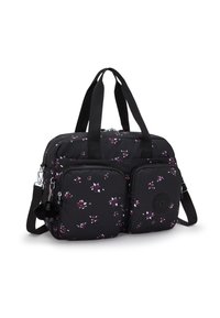 Svart tygväska med blommönster, dubbla framfickor med dragkedja, topphandtag och avtagbar axelrem. Rund logotypfärga på framsidan.