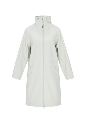 Vaalean mintunvihreä takki, jossa on korkea kaulus, täydellinen etuvetoketju, kaksi sivutaskua ja rento malli. Liukas kangas ja yksinkertainen muotoilu.