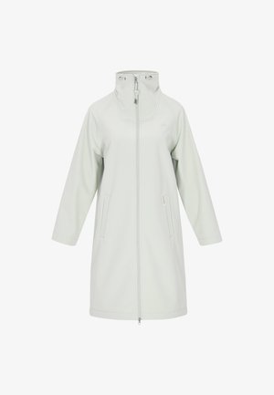 Svijetlo mint zelena kaput s visokim ovratnikom, punim prednjim patentnim zatvaračem, dva bočna džepa i opuštenim krojem. Glatka tkanina i jednostavan dizajn.