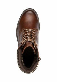 Bottine en cuir marron avec bout rond, lacets contrastants, détails cousus et doublure intérieure douce. Matériel détaillé au talon.