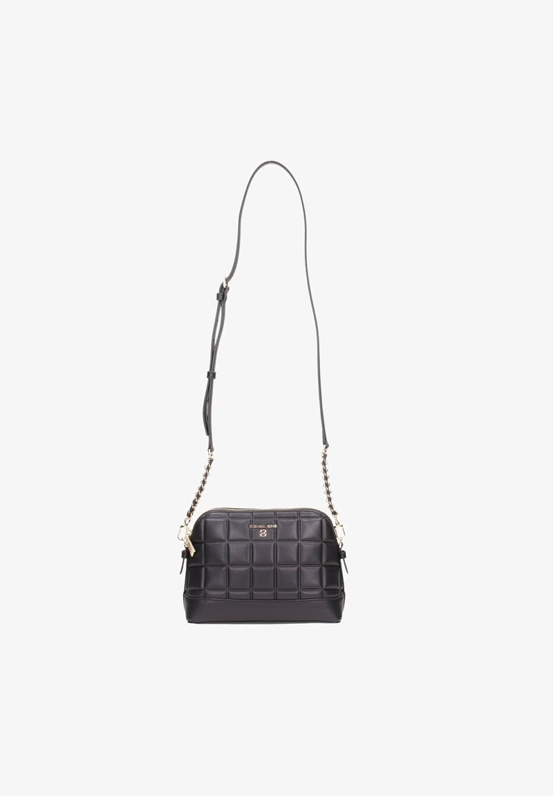 Sac bandoulière en cuir noir matelassé avec des accents de chaîne dorée et une bandoulière réglable, logo Michael Kors à l'avant.