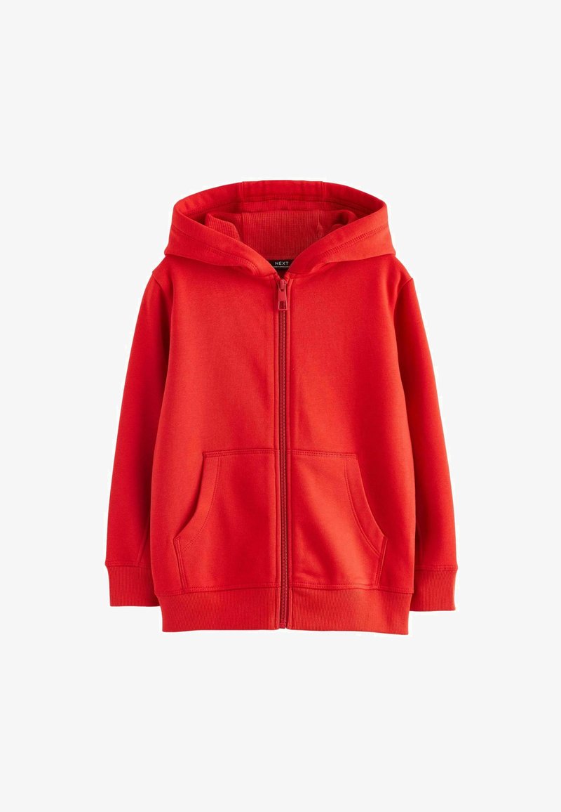 Sweat à fermeture éclair rouge en mélange de coton, avec une capuche, des poches avant et des bords côtelés. Texture lisse sans motifs.