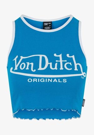 Top corto de canalé azul que presenta el logo blanco "Von Dutch" y un dobladillo con forma ondulada. La etiqueta en el escote indica la marca y la talla (S).