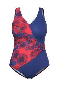 Maillot de bain une pièce avec un imprimé floral rouge et violet d'un côté, associé à un tissu solide bleu marine. Comprend un accent circulaire à la taille.