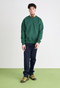 Grüner Rundhalsausschnitt-Pullover mit gerippten Bündchen und Saum, kombiniert mit marineblauen Hosen und braunen sowie schwarzen Wanderschuhen auf einem grünen Boden.