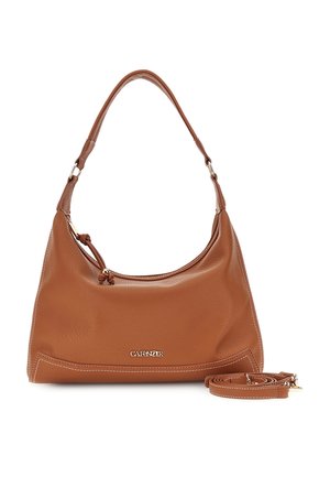 Borsa a spalla in pelle marrone con manico curvo e tracolla staccabile, dotata di chiusura con cerniera e dettagli di cuciture sottili.