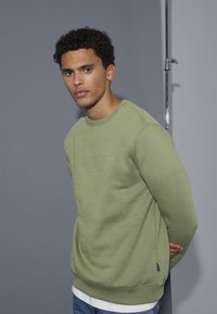Green sweatshirt with a soft texture, round neckline, ribbed cuffs, and a small logo on the chest. Worn over a white shirt and jeans.