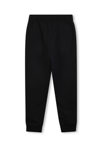 Pantalon de survêtement noir en tissu doux, doté d'une taille élastique et de chevilles fuselées pour un ajustement confortable. Aucun motif ni accent présent.