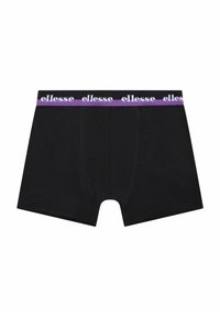 Bóxer negro con una cinturilla elástica morada, que presenta el logo de "ellesse" en blanco en la parte frontal. Tejido de algodón suave, corte regular.