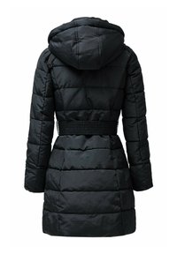 Chaqueta acolchada negra con capucha, con diseño acolchado, cintura elástica y mangas largas, fabricada con material resistente al agua.