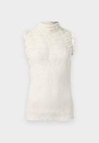 Lace uten ermer topp i kremfarge med høy hals, med volanger og et intrikat teksturmønster gjennom hele.