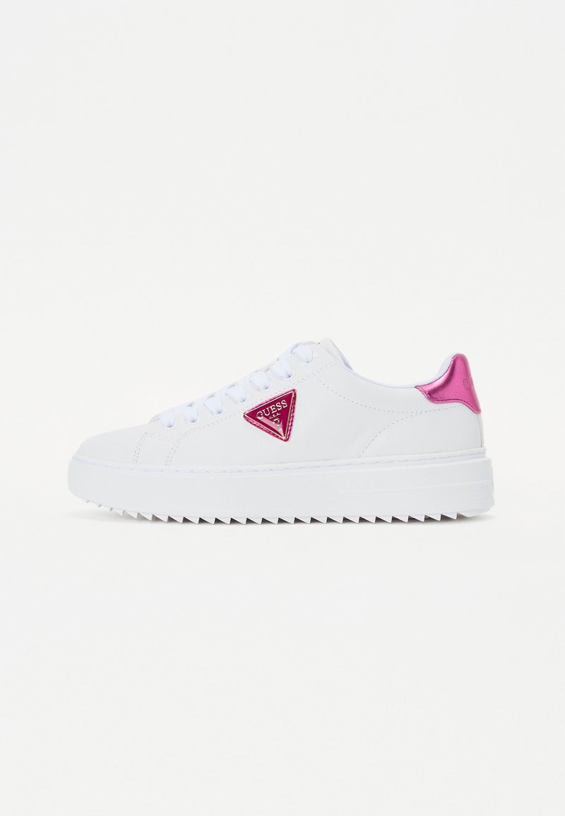 White sneakers with a textured rubber sole, featuring a pink metallic heel accent and a triangular logo patch in pink and white.