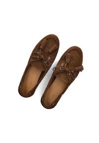 Braune Wildleder-Mokassins mit Quasten und Schnürsenkeln. Besitzen ein gesticktes Design und ein glattes Innenfutter, was ihnen ein strukturiertes Aussehen verleiht.