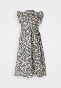 Krémové midi šaty s černým květinovým vzorem, volánovými krátkými rukávky, přiléhavým korzetem a mírně rozšířenou sukní.