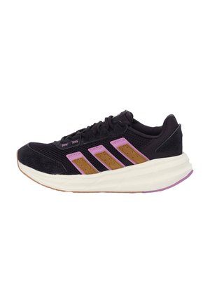 Black athletic shoe with a mesh upper, accented by pink and brown three stripes, white midsole, and rubber outsole. Textured black toe cap.