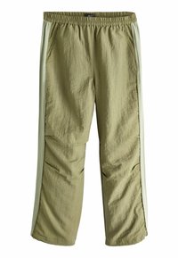 Khaki vidde-buks med elastisk talje, med sidelapper i en lysere grøn farve og en struktureret stof generelt.