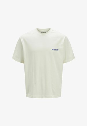 T-shirt en coton blanc à manches courtes, col rond, avec le logo "project care" en bleu sur le côté gauche de la poitrine. Texture unie.