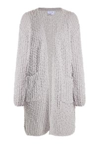 Cardigan gri deschis dintr-un material texturat, tricotat. Are un design cu fața deschisă, mâneci lungi și două buzunare în față. Design moale și confortabil.