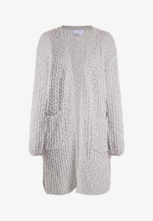 Hellgrauer Cardigan aus strukturiertem, gestricktem Stoff. Verfügt über einen offenen Vorderteil, lange Ärmel und zwei Fronttaschen. Weiches und gemütliches Design.