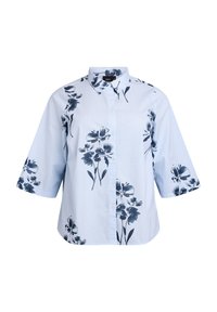 Camicia azzurra a maniche corte con righe verticali e motivo floreale scuro. Presenta un colletto a punta e chiusura con bottoni.