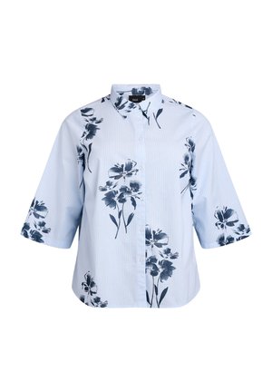 Camicia azzurra a maniche corte con righe verticali e motivo floreale scuro. Presenta un colletto a punta e chiusura con bottoni.