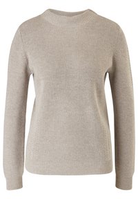 Pull beige en maille tricotée à manches longues avec encolure ronde, poignets et ourlet côtelés, et motif en relief sur le corps et les manches.