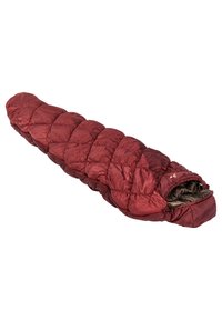 Roter Schlafsack mit konischer Form, ausgestattet mit gesteppten Bereichen und einem Reißverschluss. Das Innere ist braun mit einer glatten Textur.