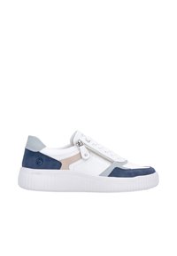 Scarpa da ginnastica bianca con dettagli blu e beige, suola bianca, chiusura frontale con lacci e cerniera laterale per indossarla facilmente.