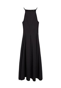 Černé bezrukávové šaty s rozšířenou sukní, vysokým výstřihem, zadním zipem a sklady pro zvýšení textury a detailu.