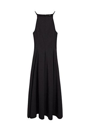 Schwarzes ärmelloses Kleid mit einem schwingenden Rock, ausgestattet mit einem hohen Hals, einem Reißverschluss hinten und Falten für zusätzlichen Textur- und Detailreichtum.