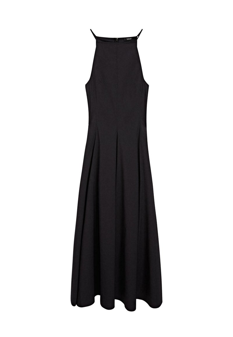 Svart ärmlös klänning med en figurnära bodice och flödande kjol, med veck och en dragkedja i ryggen.