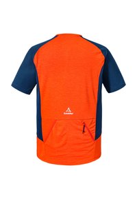 Krátký rukáv sportovní tričko s oranžovým tělem a námořnickými modrými akcenty a zapínacím kapsou na zádech. Vyrobeno z prodyšné tkaniny.