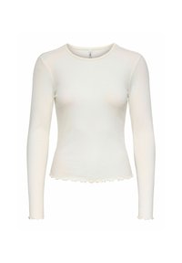 Witte lange mouwen geribbelde top met een ronde hals en golvende zoom. Zachte textuur en aansluitende silhouet, met ruches aan de manchetten en zoom.