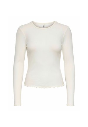 Weißes Langarm-Rippoberteil mit Rundhalsausschnitt und welligem Saum. Weiche Textur und taillierte Silhouette, mit Rüschensaum an den Ärmelenden und am Saum.
