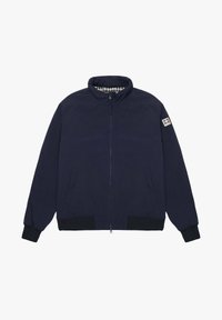 Giubbotto bomber blu navy in tessuto leggero; presenta un colletto stand, polsini e orlo a costine, e foderato a quadretti. Chiusura con zip e tasche laterali.