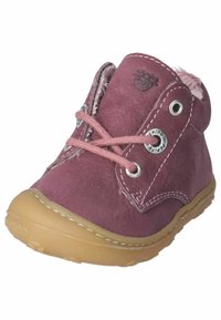 Purple leather infant boot with fuzzy lining, pink laces, silver eyelets, and a tan rubber sole. Features white stitching detail.
