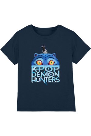 Marineblaues T-Shirt mit Grafik einer blauen Katze mit leuchtend gelben Augen und einem kleinen Vogel mit Hut über dem Text "K-POP DEMON HUNTERS".