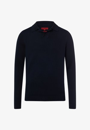 Marineblauwe trui met lange mouwen van gebreide stof, voorzien van een kraag en V-hals met inkeping, met geribbelde manchetten en zoom.