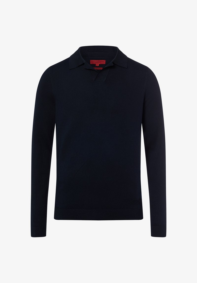 Pull en maille bleu marine à manches longues avec col et encolure en V crantée, présentant des poignets et un ourlet côtelés.